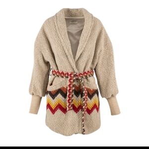 Astrid Womens Beige Belted Jacket Boho Cardigan With Geometric Print M
